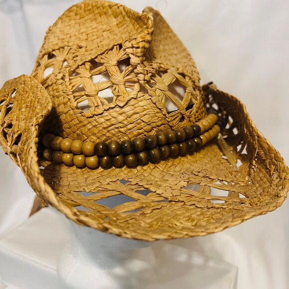 Peter Grimm Straw Cowboy Hat-Brown Beaded/Feathers-Country-Bohemian-Women's - Picture 3 of 16